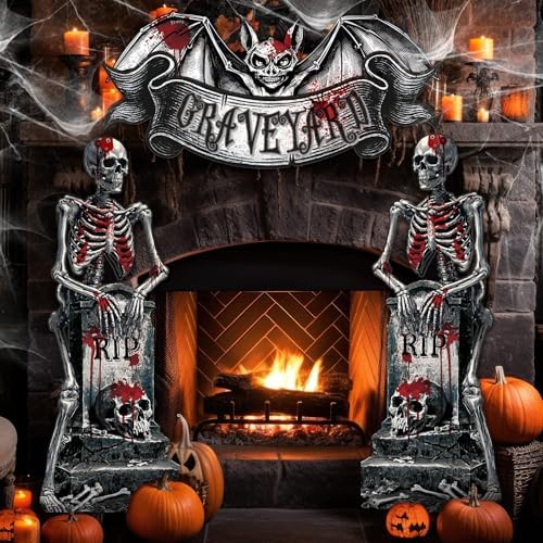 Tiamon Halloween Cemetery Door Decorations Skeleton Tombstones Door Banner - Image 5