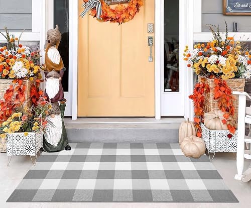 Grey and White Layered Doormat,27.5"x43.3"Cotton Woven Door Mat Outdoor by BUAGETUP