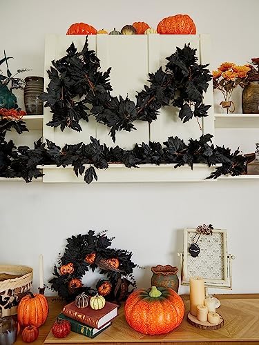 PARTY JOY Black Artificial Maple Leaf Garland - 6PCS 5.6Ft Halloween Decor, Gothic Fall Vines for Front Porch, Thanksgiving Autumn Table Centerpiece & Wall Hanging - Image 3