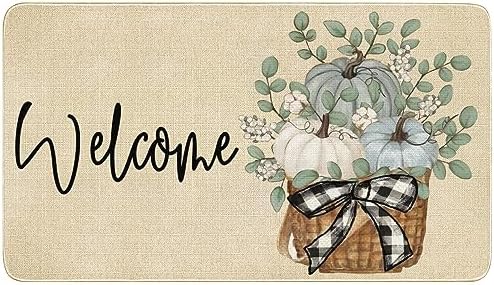Fall Door Mat Outside,Pumpkin Eucalyptus Welcome Mat for Front Door,Thanksgiving Autumn Indoor Outdoor Non-Slip Rugs,Fall Doormat for Farmhouse Home Porch Decorations 30" x 17" by Xsinufn