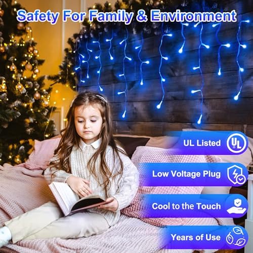QUHUATU 810 LED 82FT Christmas Icicle Lights, 180 Drops, 12 Modes, Blue - Image 5