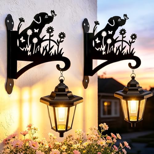 VOOKRY Solar Wall Lanterns Outdoor, Waterproof 2 Pack Hanging Lights with Dog Hooks, Wall Mount Sconce with 3 Solar Panels for Patio Porch Yard Garden Decor, Dusk to Dawn 2700K Warm White by VOOKRY