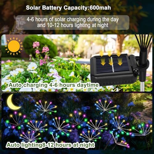 Kwaiffeo 4 Pack Solar-Powered Firework Fairy Lights, Solar Light Outdoor Waterproof Christmas & Garden Decor for Pathway/Patio/Yard - Gardening Gifts for Women (Multicolor) - Image 6