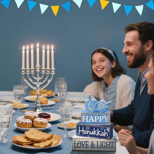 Lineshading 4 Pcs Wooden Hanukkah Decor Farmhouse Blocks with Dreidel - Image 5