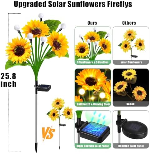 Solar Sunflower Lights Outdoor 4 Pack with Firefly Lights for Yard - Image 3