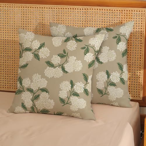Beige Spring Pillow Covers 22x22 Inch 2 Pcs Khaki Green Hydrangea Flower Decor Throw Pillows Vintage Floral Seasonal Summer Outdoor Decoration Pillowcase Linen Cushion Cover for Couch Sofa - Image 2