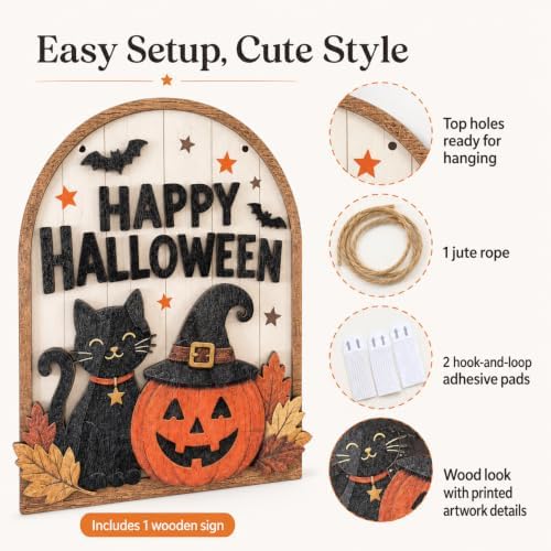 LKTEE Halloween Door Sign, Wooden Black Cat Pumpkin Decor for Front Door - Image 7