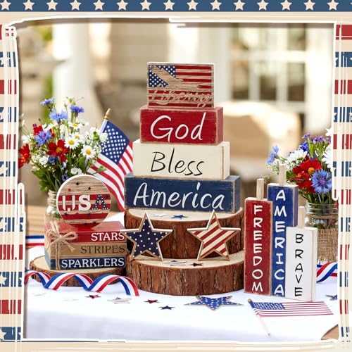 Vercraft 11 Pcs 4th of July Table Decorations Set Patriotic Tiered Tray Decor Set Blue Red White Table Centerpieces Sign for 4th of July Office Home Shelf 250th Anniversary - Image 6