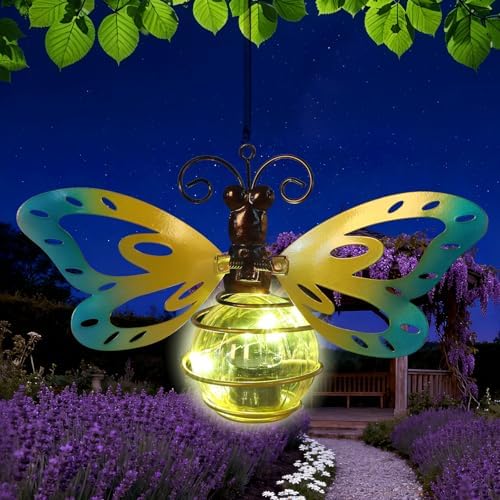 Butterfly Outdoor Decor with Bouncy Springs Pendant Lights Birthday Gifts for Women Mom Grandma,Hanging Solar Lights Outside Waterproof Metal Solar Garden Decoration for Porch,Yard,Backyard,Patio by Unknown