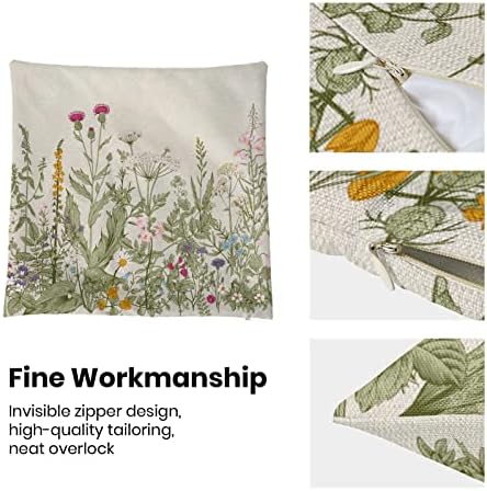 Spring Floral Pillow Covers 18 x 18 Inch Set of 2 Vintage Sage Green Wild Flowers Decor Throw Pillows Wildflower Plant Outdoor Farmhouse Decorative Cushion Cases for Couch Bed Sofa Decoration - Image 6