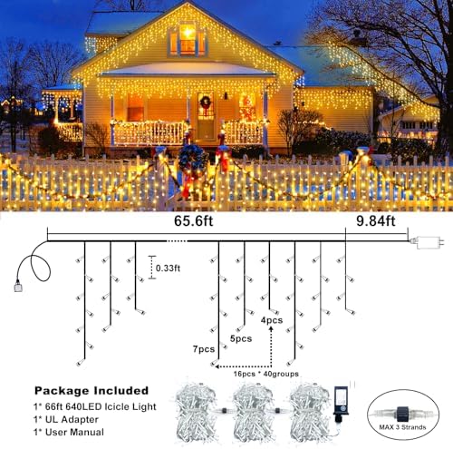 66FT 640 LED Icicle Lights for Outside, Warm White Christmas Lights - Image 4