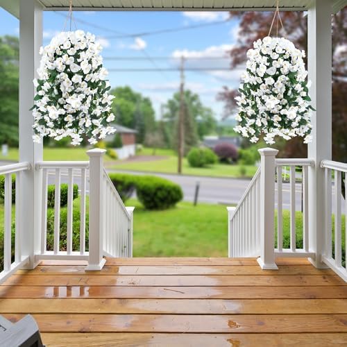 Sggvecsy Artificial Fake Hanging Flowers Plants for Outdoor Outside Spring Summer Decoration 4PCS Faux Silk UV Resistant Realistic Morning Glory Trailing Vines for Home Porch Patio Balcony(White) - Image 5