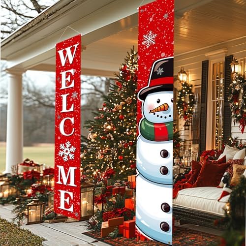 Christmas Banner Christmas Hanging Decorations Xmas Porch Sign Snowman Wall Decor Winter Welcome Signs for Home Yard Front Door Outdoor Indoor Holiday Party Decorations 72"x12 - Image 3