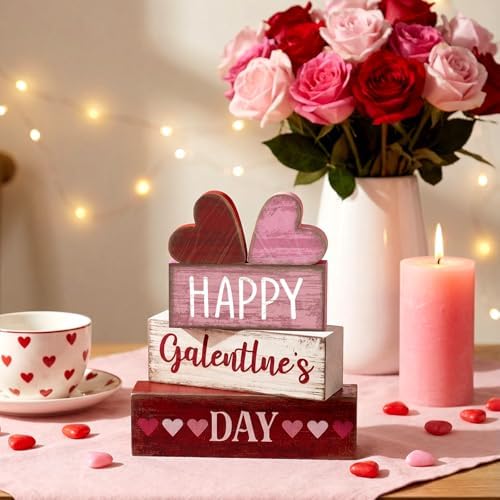 Yuntau 5 Pcs Happy Galentines Day Decorations Wood Block Tiered Tray Decor - Image 3