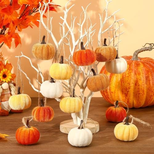 16 Pcs Fall Tree Ornaments, 2 in Velvet Pumpkin Hanging Ornaments - Image 3
