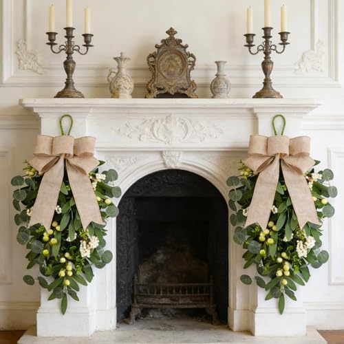 2 PCS 22" Artificial Green Eucalyptus Teardrop Swag for Front Door Greenery Swag Spring Summer Olive Kitchen Cabinet Wreath with White Berry for Farmhouse Home Porch Wall Window Festival Wedding Decor - Image 4