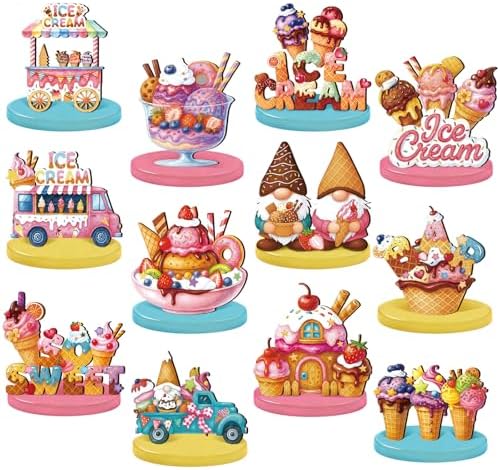 Wesiti 12 Pcs Ice Cream Table Decorations Wooden Ice Cream Centerpiece Summer Table Topper Tiered Tray Decor Signs Truck Gnome Home Decor for Summer Bridal Wedding Birthday Party Supplies by Unteilti