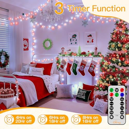 Ollny Red and White Christmas Lights Waterproof, 400LED 131FT String Lights with Remote 3 Timer, Plug in 8 Modes Fairy Light for Xmas Tree Indoor Bedroom House Party Wedding Decorations - Image 5
