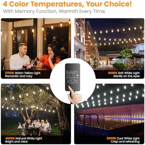 Kawaya Outdoor String Lights for Patio - ST38 Outside IP65 Waterproof Hanging Light with 2700k~6000k Dimmable - 50FT Led Edison Lights for Cafe Bistro Yard Gazebo Porch - Image 2