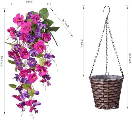 Artificial Fake Hanging Hibiscus Flowers Plants Baskets for Outdoor Outside Spring Summer Decoration, Faux Silk Hibiscus Long Vines in Planter UV Resistant Realistic Flowers (PurpleDarkPurple) - Image 5