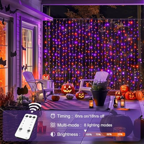 JMEXSUSS 300LED Halloween Curtain Lights, Orange and Purple, 9.8x9.8ft - Image 3