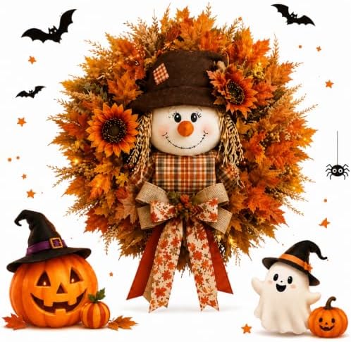 Lighted Scarecrow Fall Wreath for Front Door (M) by Vioshon