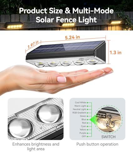 KOOPER Solar Fence Lights Outdoor Waterproof, 4 Pack Warm White & 9 Fixed Colors & Color Changing Fence Lights Solar Powered, Solar Lights Outdoor Fence for Outside Backyard Railing Patio Wall Deck - Image 5