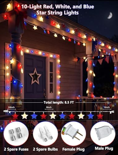 10 LED Red White Blue Star String Lights Outdoor, 8.5Ft 4th of July Decorations Lights Waterproof, Connectable Plug in Patriotic Star Fairy Lights for Home Patio Independence Day Memorial Day Flag Day - Image 2