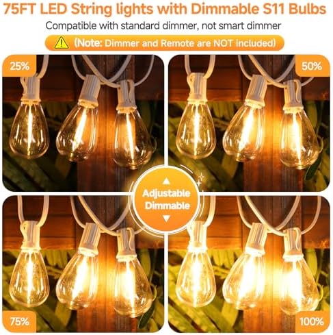 Larkvue 75FT LED Outdoor String Lights, Patio Light, 22+2 S11 Bulbs, White - Image 2