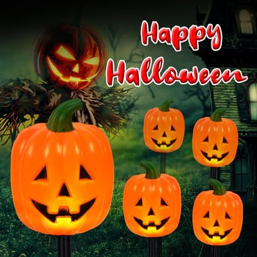 BRIGHTDECK Halloween Pumpkin Stake Lights, Set of 10 Decorative Solar Pumpkin Lights, Waterproof Halloween Decorations for Outdoor Garden and Yard - Image 6