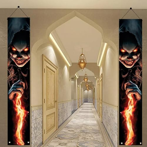 2PCS Halloween Porch Banners Evil Clown 71x12 Inch Vertical Hanging Door Decorations, Scary Haunted House Outdoor Signs for Front Porch Trick or Treat Party Entrance Wall Decor - Image 7