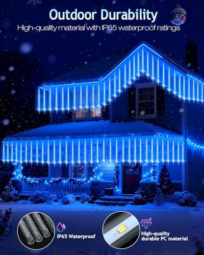 PEMOTech Christmas Lights Outdoor,16 Tubes (Equivalent to 2 Sets of 8-Tubes) Meteor Shower Lights,Waterproof Christmas Decorations for Xmas Tree Party, Outdoor Christmas Decorations,UL Plug,Blue - Image 4