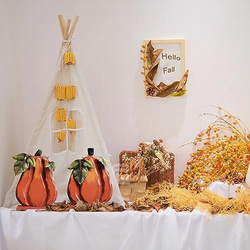 Rustic Wood Fall Pumpkin Decor Indoor Standing Flat Pumpkin Decorations - Image 3