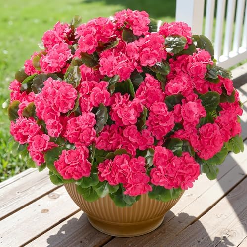 Alupssuc 24Pcs Artificial Geranium Flowers for Outdoors Decoration Silk Floral, UV Resistant Fake Plants, Faux Flower for Porch Garden Table Centerpieces Home Indoor Outside Spring Decor(24, DeepPink) - Image 2
