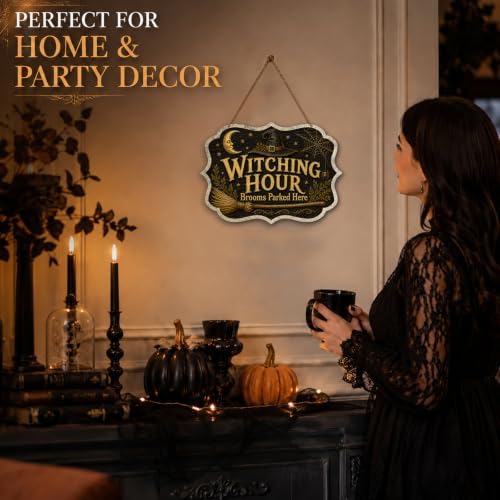 Vintage Witching Hour Wooden Sign with Hanging Rope 8.5x12 Inch Halloween Witch Hat Broom Crescent Moon Gothic Wall Plaque Spooky Farmhouse Decor for Front Door Porch Outdoor Wall Hanging Art（A03） - Image 3