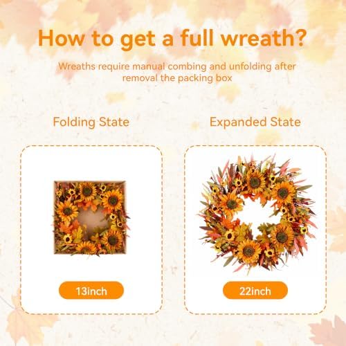 Pinkpum 24" Fall Wreath Front Door Sunflower Artificial Wall Decor Autumn - Image 2