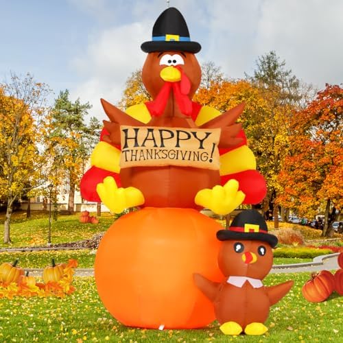 GOOSH 6 FT Thanksgiving Inflatables Turkey Outdoor Decorations Blow Up Yard Turkey on Pumpkin with Turkey Baby with Built-in LEDs for Indoor Party Garden Lawn Decor - Image 3