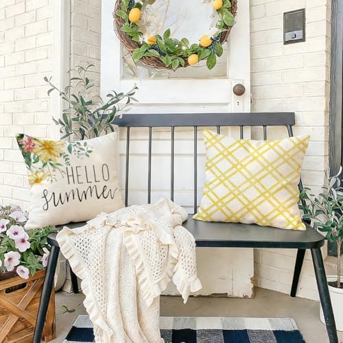 RABUSOFA Daisy Floral Vase Hello Summer Pillow Covers Set of 4,Seasonal Yellow Striped Outdoor Decorative Cushion Case Summer Decorations for Home Decor 18x18 Inch - Image 3