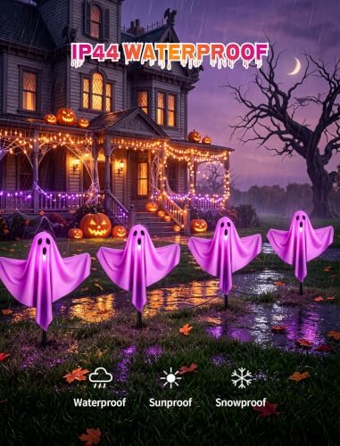 4Pack Halloween Pathway Lights Outdoor, Waterproof LED Purple Ghost Lights - Image 3