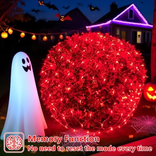 YEGUO Halloween Net Lights Outdoor Mesh Lights, 12ft x 5ft 360 LED Red Christmas Light Outdoor Waterproof, 8 Modes Connectable Clear Wire Halloween Bush Light Plug in - Image 5