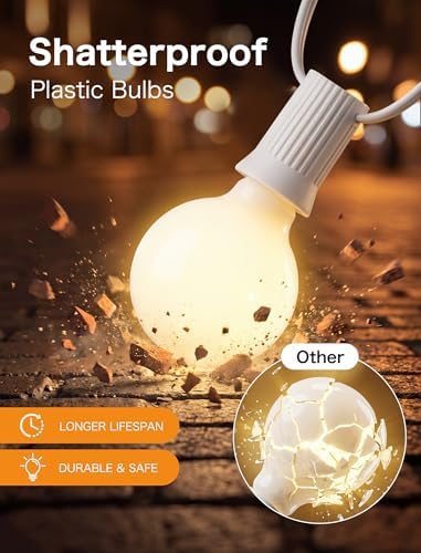SUNSGNE 25FT G40 LED Outdoor White String Lights with 27 White Solid Shatterproof Globe Bulbs (2 Spare), Outdoor Hanging Edison Lights for Room Café Bistro Pergola Tents, White Wire - Image 4