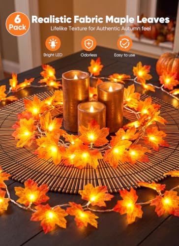 Brightown 6 Pack Fall Decorations for Home Maple Leaf Garland with Lights - Image 2