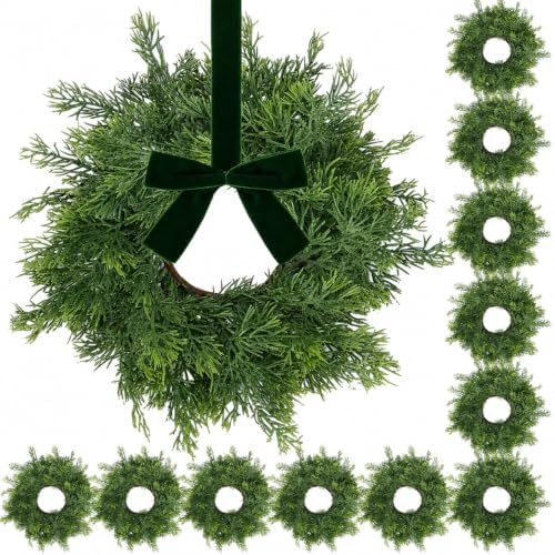 12 PCS Mini Real Touch Christmas Wreaths for Kitchen Cabinets Artificial Norfolk Lifelike Cedar Wreaths with Bow for Christmas Window Door Fireplace Chairs Wall Staircase Indoor Outdoor Home Decor by Unknown