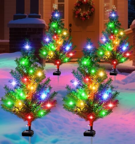 Solar Christmas Tree Outdoor Decor, Waterproof Solar Xmas Decorations Garden Stake Lights, Multi-Color LED Artificial Prelit Christmas Décor for Outside Landscape Pathway Porch Yard Holiday (4 pcs) by OSTRITEC