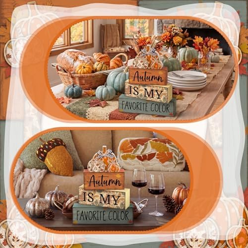 Lineshading 4 Pcs Fall Table Decor Wooden Pumpkins, Autumn Block Signs - Image 6