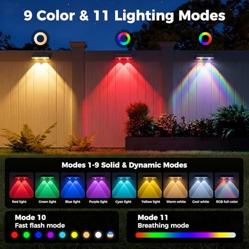 kolpop Solar Fence Lights Outdoor,11 Modes&9 Colors RGB/Cold/Warm White Fence Lights Solar Powered,IP65 Waterproof, 60LM LED Color Changing Solar Lights for Patio,Backyard,Wall,Deck,Party,Decor 6 Pack - Image 2