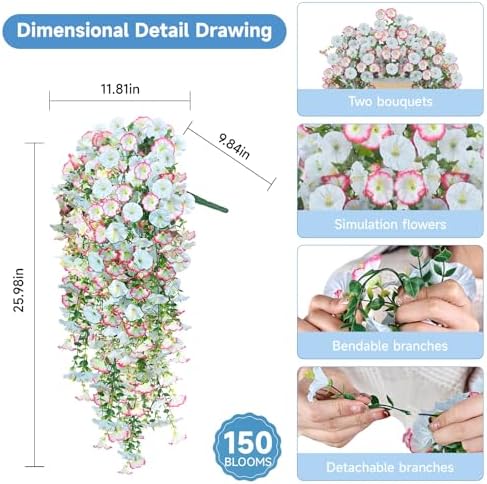 Artificial Hanging Flowers for Outdoors, 2 PCS 300 Blooms UV Resistant Morning Glory Faux Silk Vines, No-Odor Realistic Fake Plants for Garden Planter Porch Patio Decoration, Blue & White - Image 3