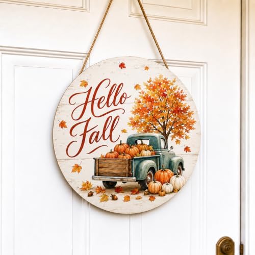 Fall Door Decor Wooden Hello Fall Sign, Pumpkin Truck Door Hanger by Unknown