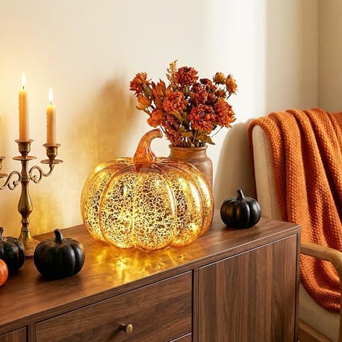 Fall Decorations for Home,Mercury Glass Pumpkin Lights with Timer(Gold) - Image 5