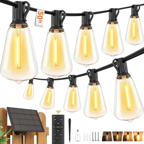 Hotsonic Solar Outdoor String Lights Waterproof, 50FT Remote Control LED Outside Lights with Shatterproof Bulbs, Dimmable Hanging Lights for Patio Porch Garden pergola Yard House Bistro Party decors ﻿ by Unknown